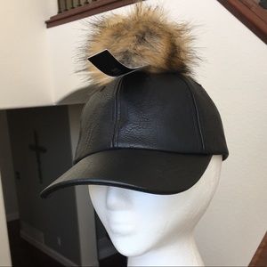 Gallery Black Faux Leather Pompom Fashion Cap Hat
